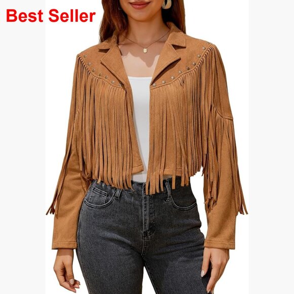 Faux Suede Leather Fringe Jacket with Rivets Cropped Western Motorcycle Style